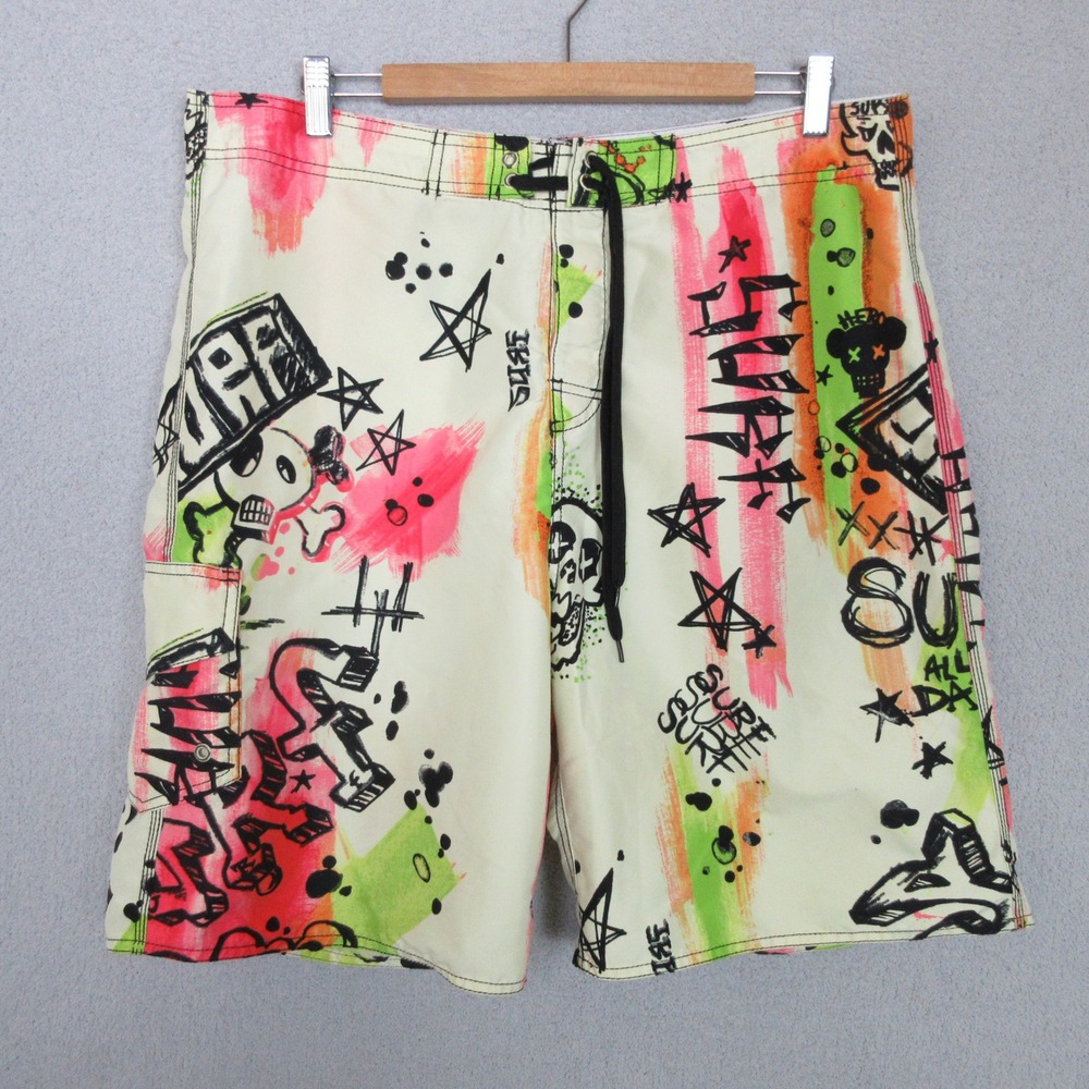 No Boundaries Mens Swim Trunks‎ Graffiti Skull Print Drawstring Size 36